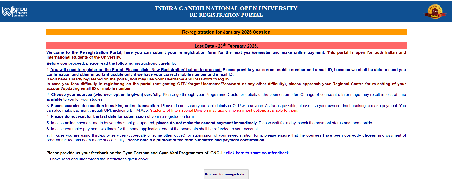 ignou re-registration last date